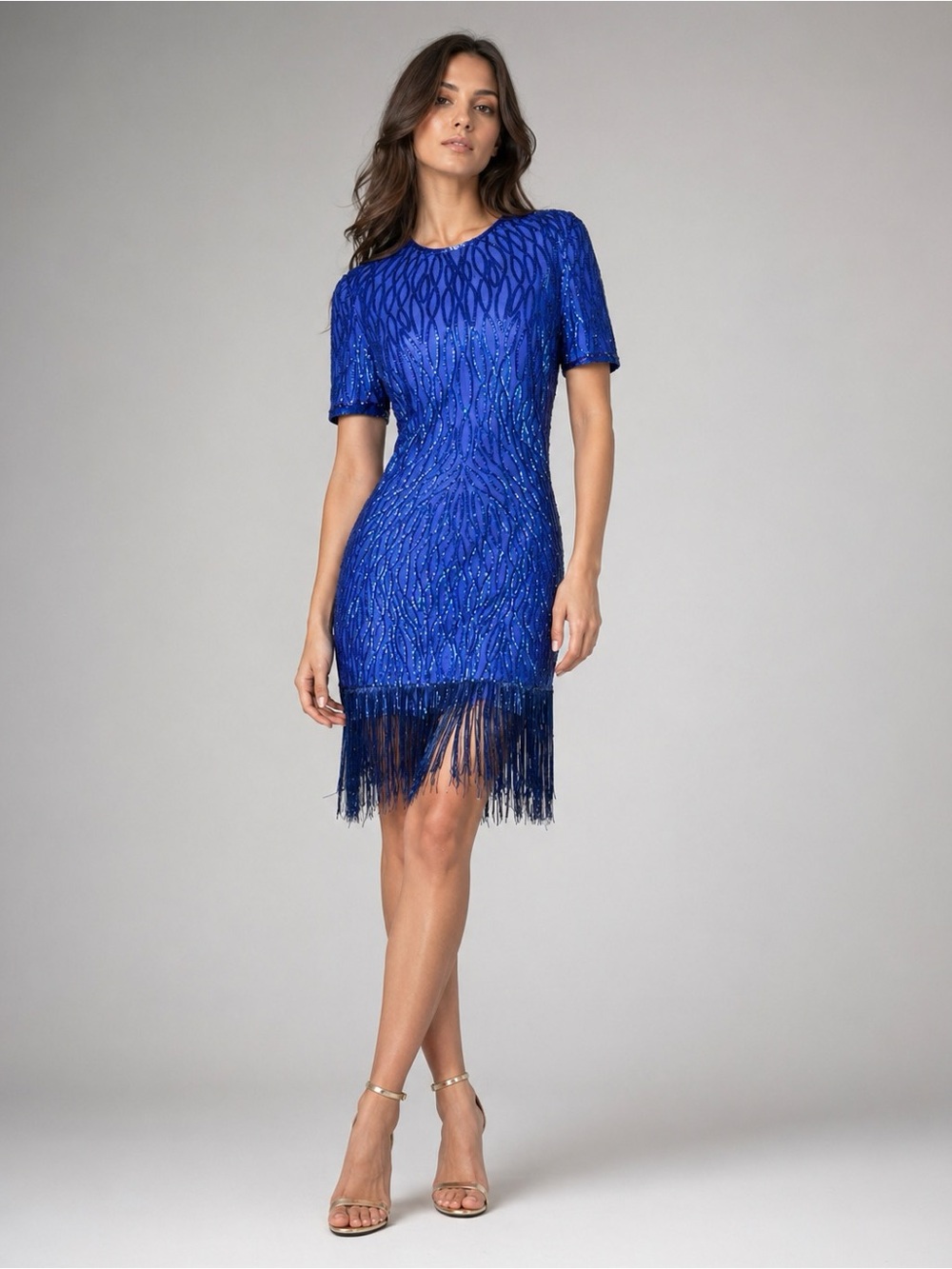 Vintage Night Vogue Silk Blue Sequin Fringe Dress PM Cocktail Party
